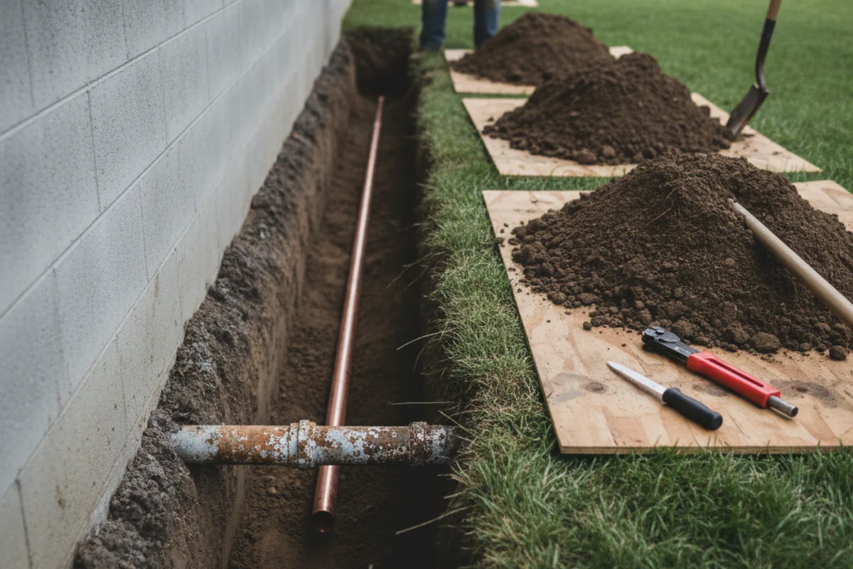Excavated water line trench during Sewer Line Repair in Coeur D Alene